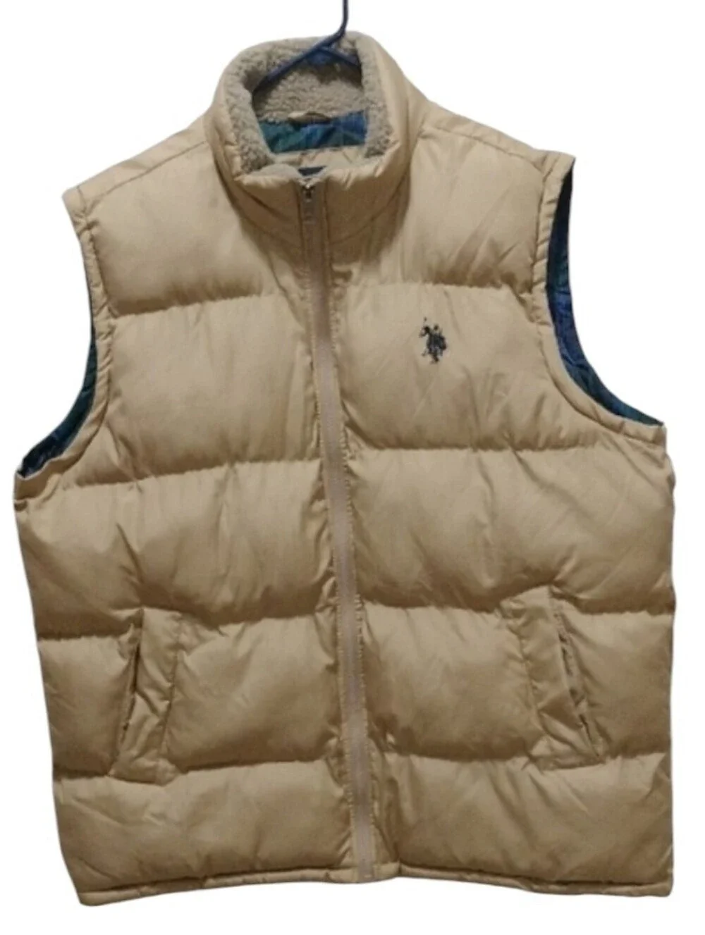 U.S. Polo Assn. Tan Khaki Puffer Vest Plaid Lined Men's Quilted Outerwear Size L